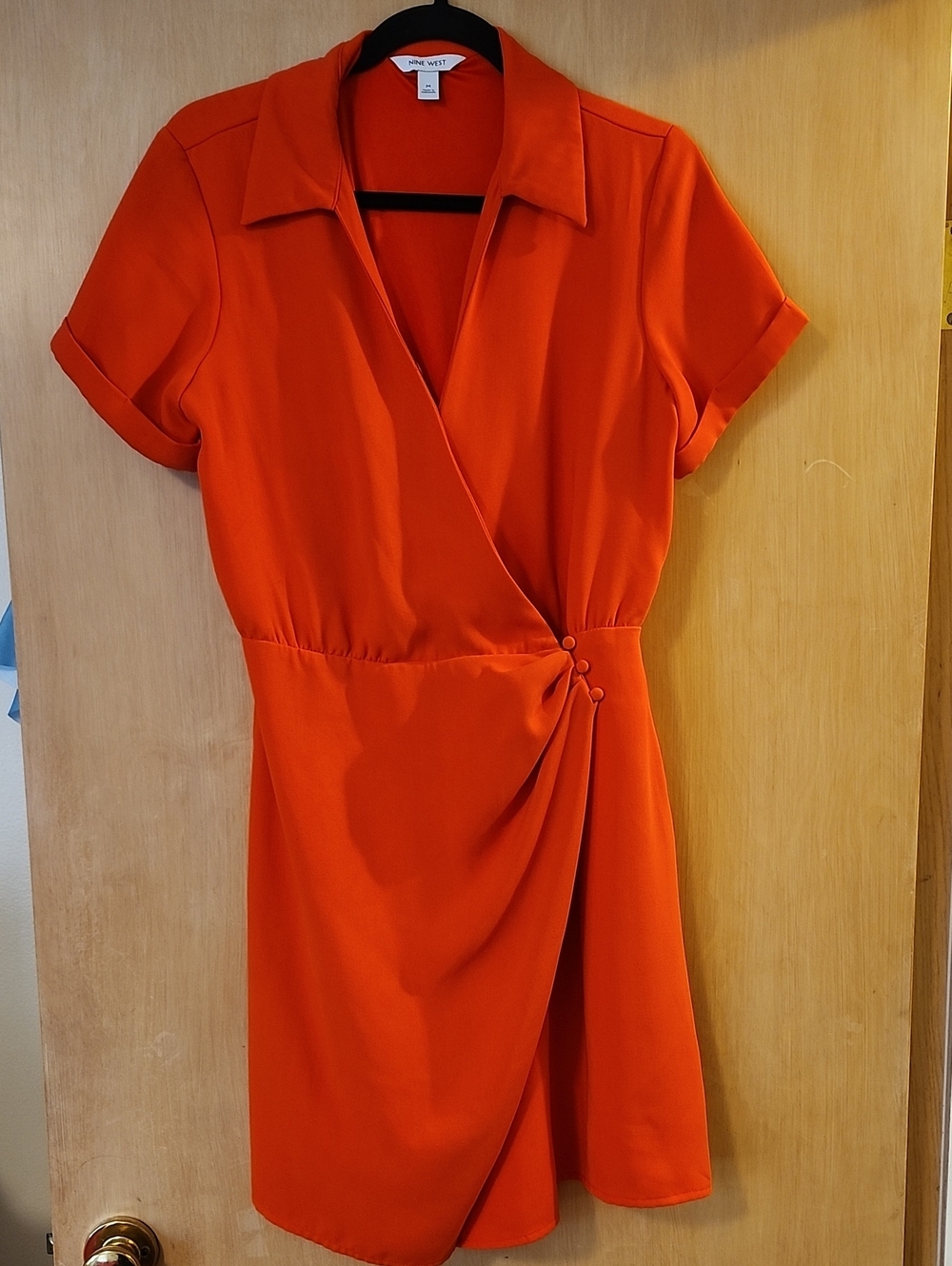 Nine West Bright Orange Faux-Wrap Short Sleeve Dress
